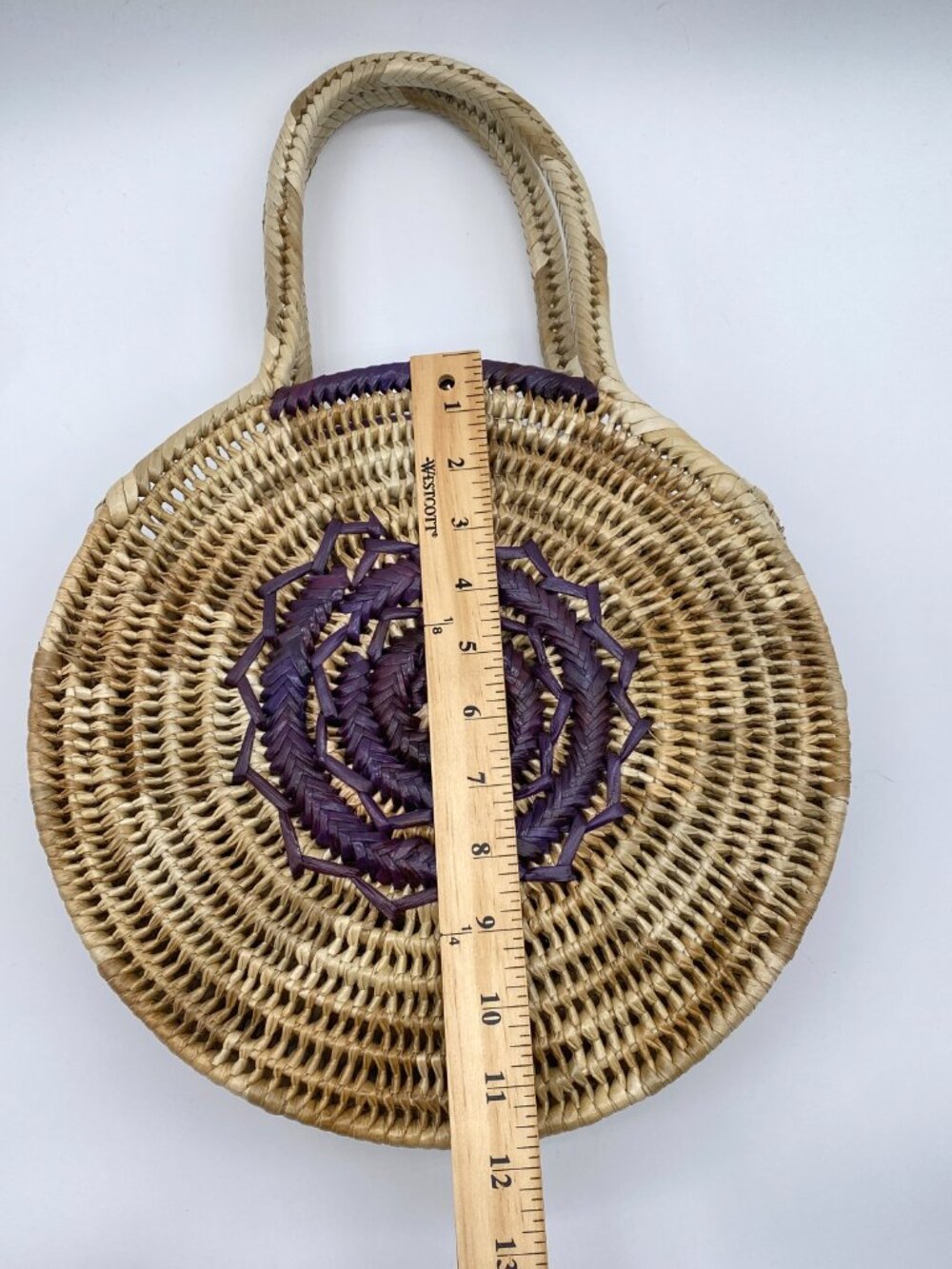 Handwoven Round Straw Tote Bag Purple Floral Boho Beach Market Basket - Picture 3 of 8